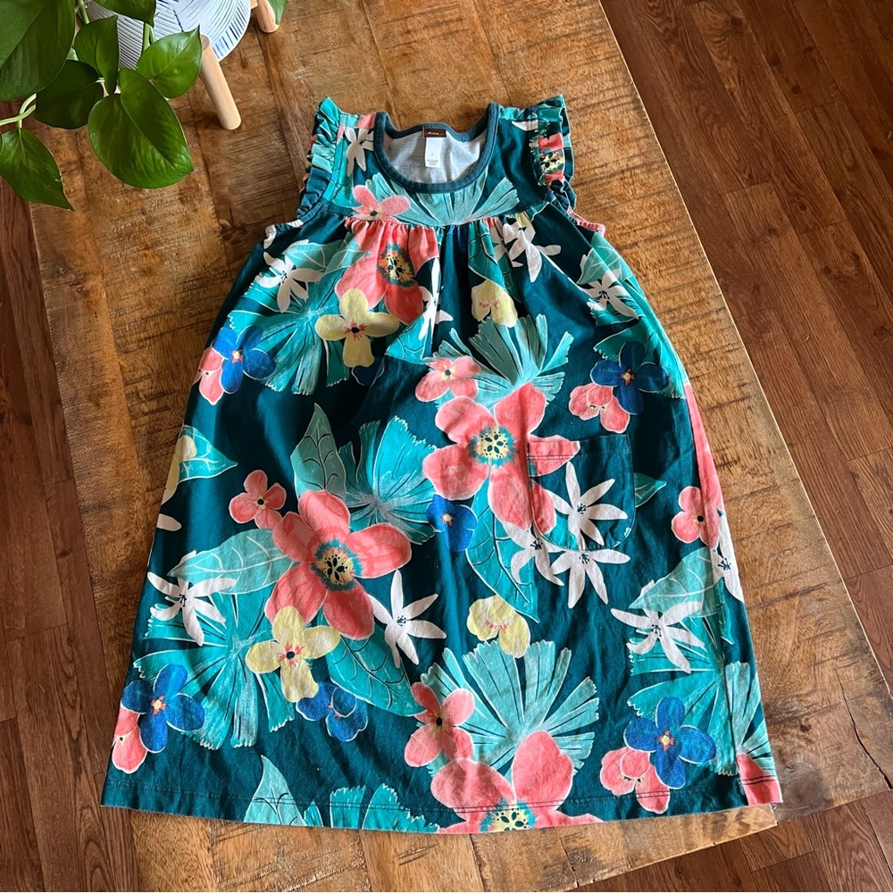 Tea Collection Coral Fern Mighty Mini Dress Girls 5 Floral Cotton Flowers Size 7